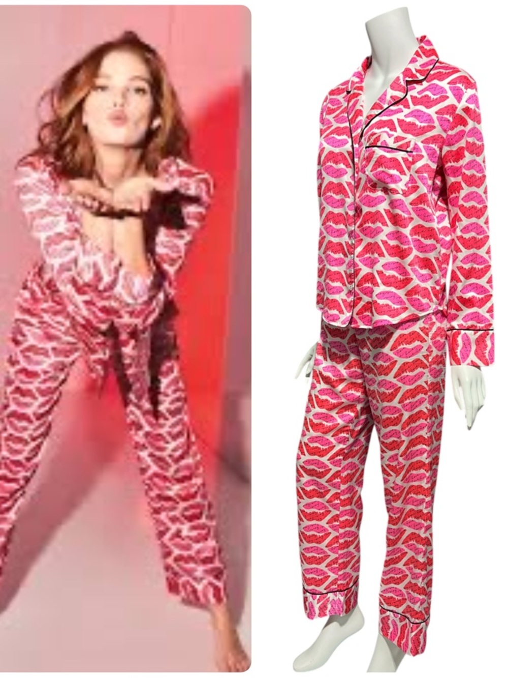 Victoria's Secret Satin Lounge Pajama Set in Kisses Lip Print White Pink Red XS